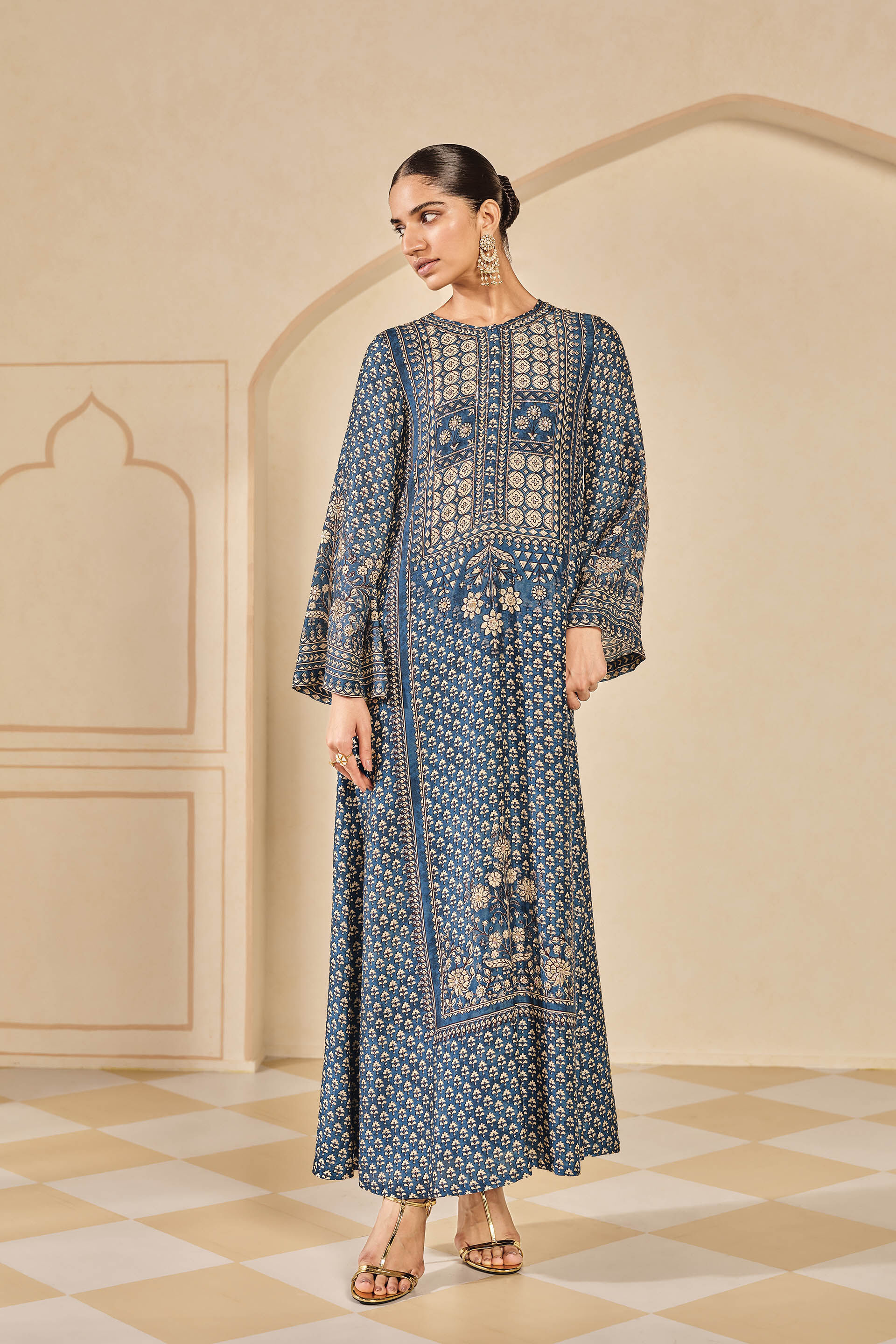 Nera Printed Silk Kaftan - Blue